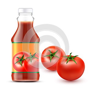 Vector illustrations of transparent bottle with tomato ketchup and two fresh red tomatoes