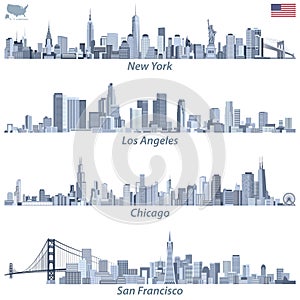vector illustrations of United States city skylines in tints of blue color palette with map and flag of United States