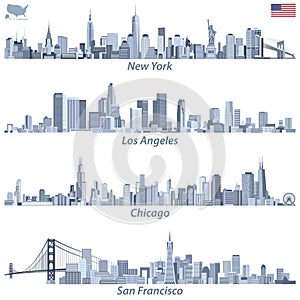 vector illustrations of United States city skylines in tints of blue color palette with map and flag of United States photo