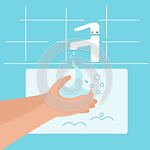 Vector illustrations about washing, hygiene, health care. Faucet in the bathroom with pouring water, soap and hands