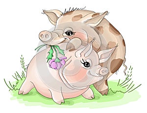 Vector illustrationTwo baby piglets boy and girl in love
