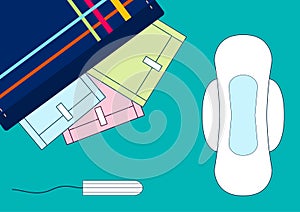 Vector illustratoin of tampons and menstruation sanitary soft pads in a kit. Woman critical days, menstrual cycle. A beautician wi