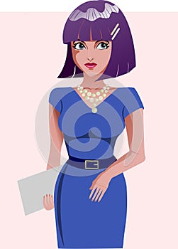 Vector illustrion cartoon young bussines woman in beautiful blue dress holding document.