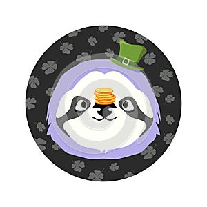 Vector illutration of the sloth`s head with the green hat at the top and and a stack of coins on the nose for St. Patrick`s day