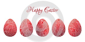 Vector ilustration, set of red Easter eggs with hand drawn doodle patterns isolated on white. Happy Easter text, festive spring