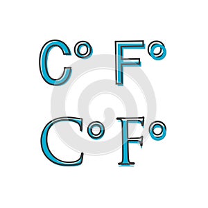 A vector image of the abbreviation Celsius and Fahrenheit. Degree icon cartoon style on white isolated background.