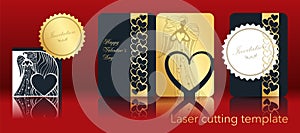 Vector image of an angel and heart for laser cutting from paper. A set of openwork greeting card, invitation, envelope