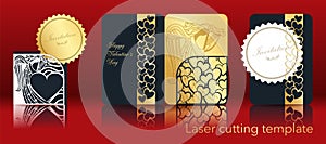 Vector image of an angel and heart for laser cutting from paper. A set of openwork greeting card, invitation, envelope
