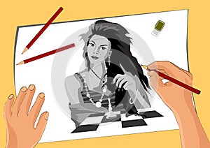 Vector image, the artist draws a girl who plays chess