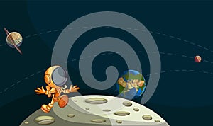 Vector image of an astronaut in open space among celestial bodies with converging orbits guiding the view of the observer. The photo