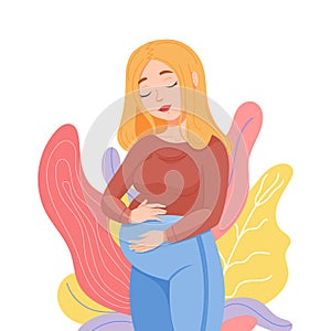 Vector image of a beautiful blonde pregnant woman touching her baby bump