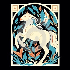 Vector image of a beautiful white horse on a black background in the style of the Renaissance. AI generated