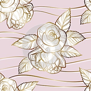 Vector image of beige-gold inflorescences of roses with leaves on a gently pink background in the interweaving of gold