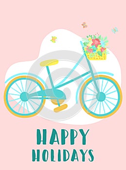 Vector image of a bicycle with basket, flowers and butterflies on a pink background. Hand-drawn Easter illustration of a bike for