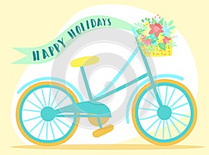 Vector image of a bicycle with basket, flowers, ribbon and butterflies on a pink background. Hand-drawn Easter illustration for s