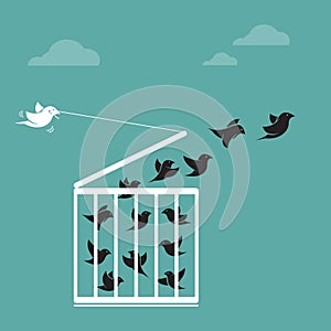 Vector image of a bird in the cage and outside the cage.