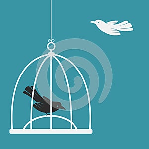 Vector image of a bird in the cage and outside the cage