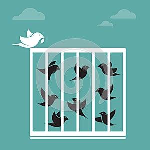 Vector image of a bird in the cage and outside the cage.