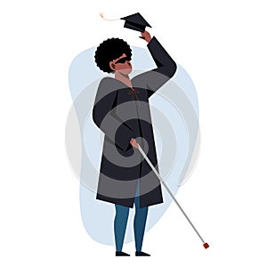 A vector image of a black graduate with disability. Unseeing student graduating