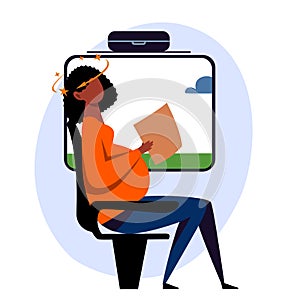 A vector image of a black pregnant woman in the transport with motion sickness and dizziness.