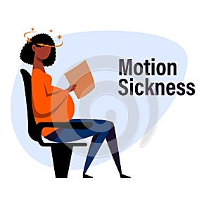 A vector image of a black pregnant woman in the transport with motion sickness and dizziness.