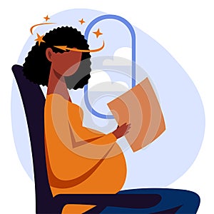 A vector image of a black pregnant woman in the transport with motion sickness and dizziness.