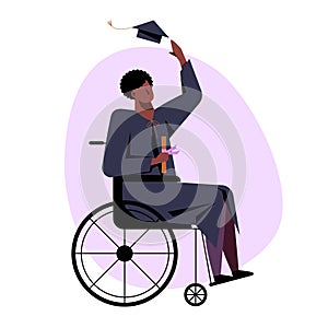 A vector image of a black student in a wheelchair in an academic dress