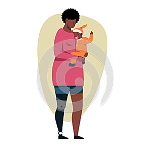 A vector image of a black woman with an arm prosthetics holding a baby. Disabled theme image