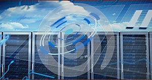 Vector image of blue virtual circles with display board and clouds, copy space