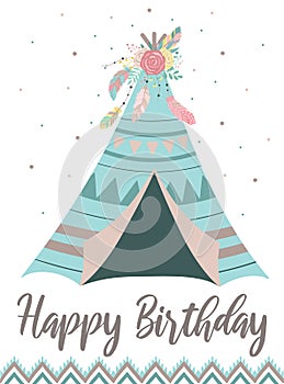 Vector image of a blue wigwam in boho style with flowers, feathers and ornaments.