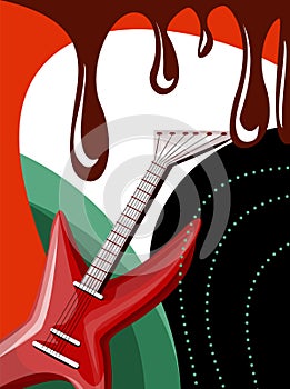 Vector image in boho style in bright colors. The main element is the guitar. Rock music concept. EPS 10