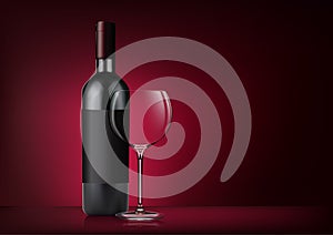 Vector image of a bottle of red wine with label and a glass goblet in photorealistic style on a red dark background. 3d