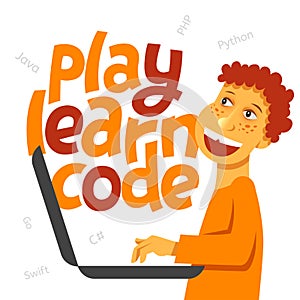 A vector image with a boy coding and a lettering Play learn code.