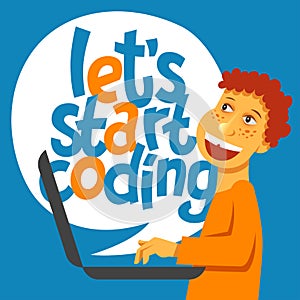 A vector image with a boy coding and a lettering Play learn code.