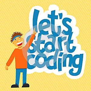 A vector image with a boy coding and a lettering Play learn code.