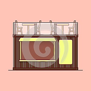 Vector image of a building made from containers used for selling and a relaxing place to sit on the rooftop. Editable as needed.