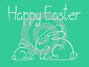 Vector image of a bunny and a hare drawn by one line; two cute rabbits; hand drawn. Happy easter, greeting card,