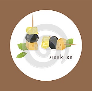 Vector image of a canape, which consists of olives, cheese and pineapple.