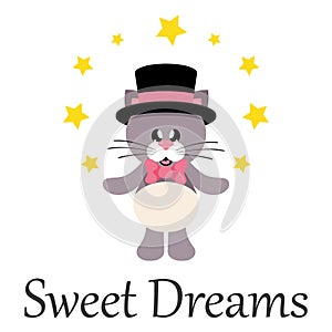 Cartoon cute cat with tie and hat and stars with text