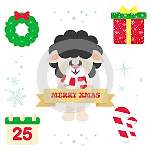 Cartoon cute sheep black with scarf and christmas sign and christmas elements