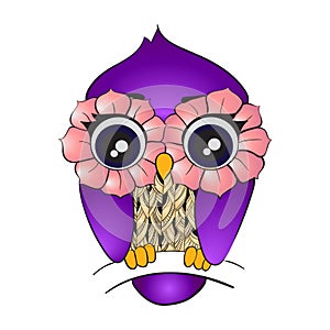 Vector image of cartoon owl sitting on tree branch isolated on white background. Purple cute bird with patterned body and feathers