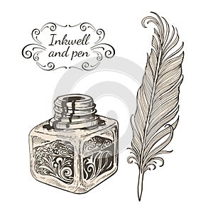 Vector image carved inkwells and beautiful writing pen and inkwell and pen inscription