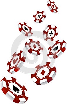 Vector image of casino and poker chips isolated on the white background with the clubs, hearts, diamonds, spades. Gambling, poker