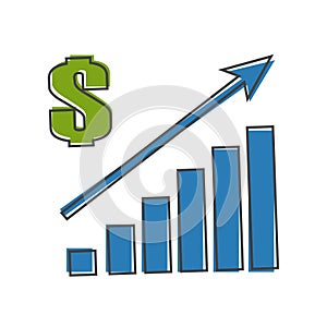 Vector image of a chart of financial growth. Finance raising icon, money increase. Sales increase cartoon style on white isolated