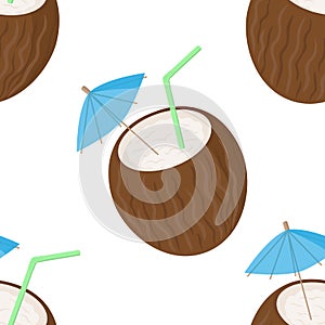 Vector image of a cocktail in the form of coconut with a tube and an umbrella. Seamless pattern on a light background. Summer illu