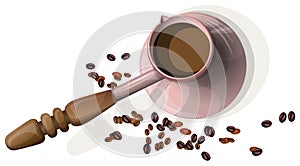 Vector image. A coffee brewing roaster with scattered coffee beans. In a cartoon style bordering on realism. EPS 10