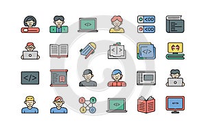 Programmer and developer icon set for coding education and technology