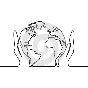Vector image continuous line drawing of earth globe in human hands