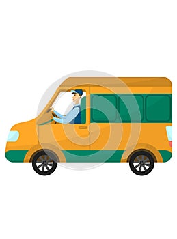 Vector image of the courier on the van. Young driver with an order on the truck. Illustration of the fast delivery. Online