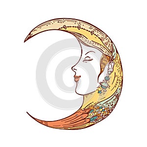 Vector image of a crescent moon. Moon face. Sketching graphics.